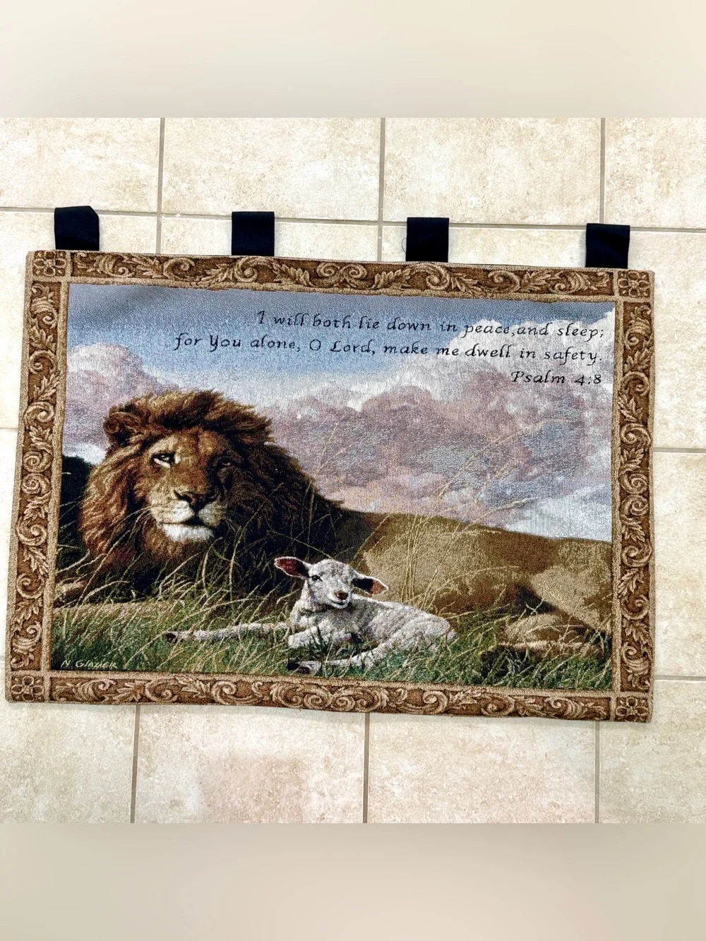 N. Glaxier Lion and Lamb Tapestry Wall Hanging Psalms 4:8 Christian 36x26
